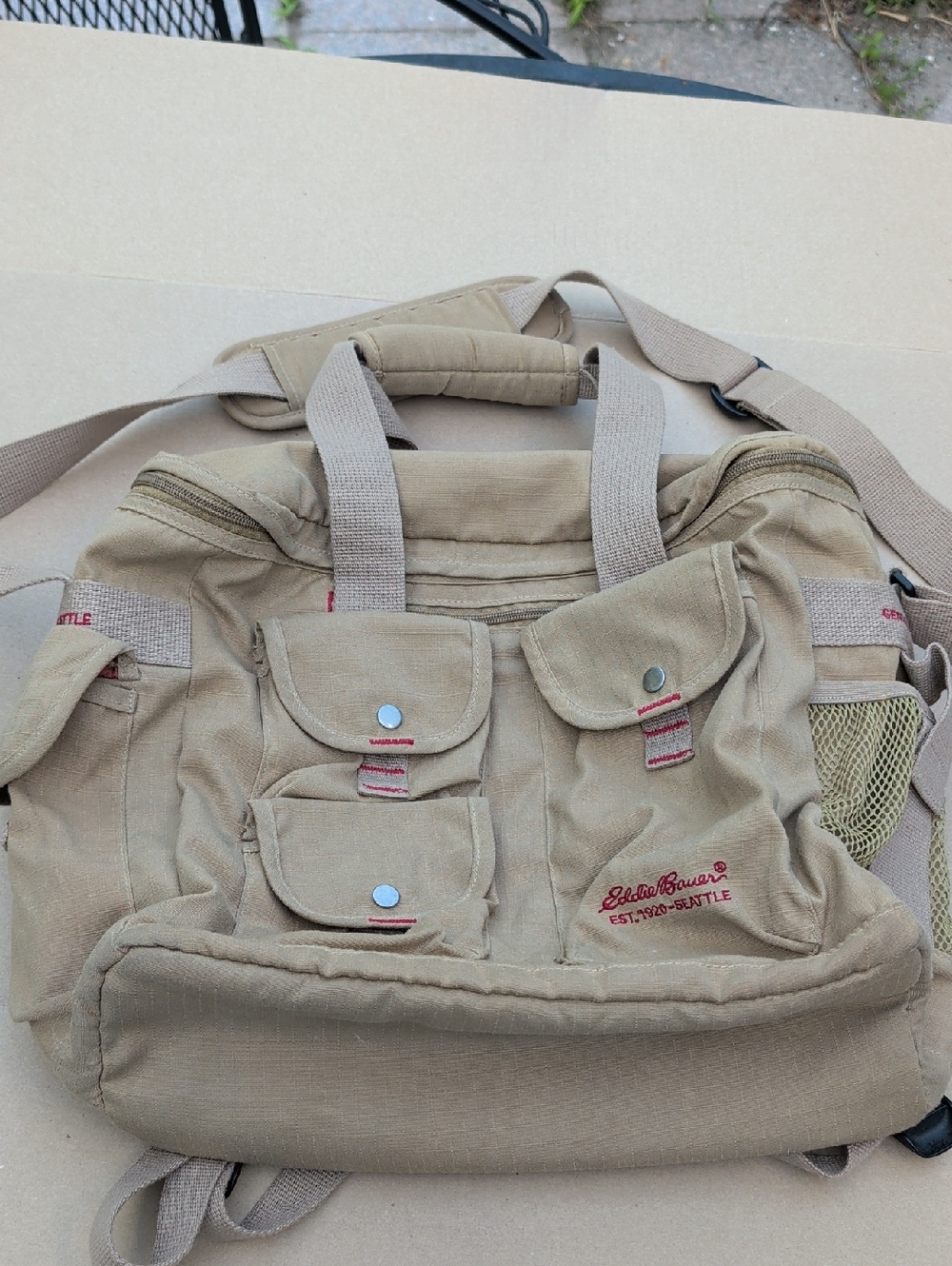 Eddie Bauer Tan Canvas Field Backpack Sling Lots Pockets Roomy Washable Travel